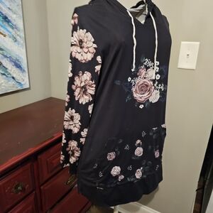 Floral Black Hoodie with Pink Accents
